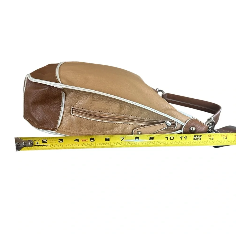 Tignanello Two-Tone Tan & Brown Leather Shoulder Bag White Ribbed Details New!